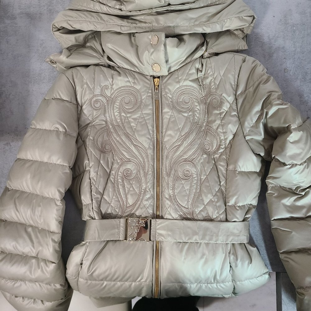 Versace Warm Overcoat Quilted Padded Puffer Hooded Coat Jacket, Tan, EU Sz 40